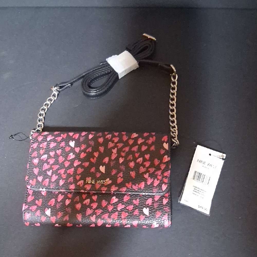 Nine West New Black and Pink Heart Crossbody Bag 17"